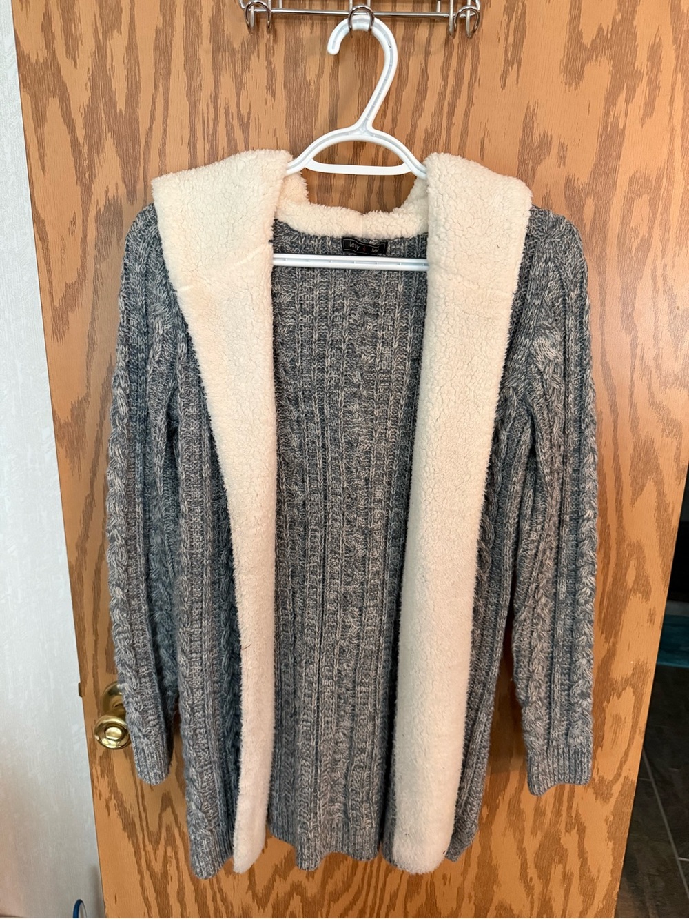 Open-Front Hooded Cable Knit Cardigan with Cream Sherpa Lining - Gray